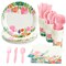 144 Piece Watercolor Tea Party Supplies with Pink Floral Paper Plates, Napkins, Cups, and Cutlery, Disposable Tableware Set for Girls Baby Shower, Wedding (Serves 24)